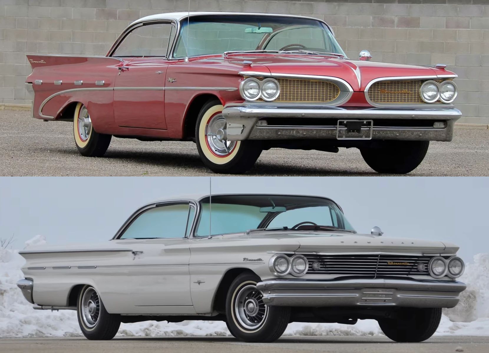 Composite photo showing front 3q views of a Sienna Coral 1959 Pontiac Bonneville and a Shelltone Ivory 1960 Pontiac Bonneville, both "bubbletop" hardtop coupes