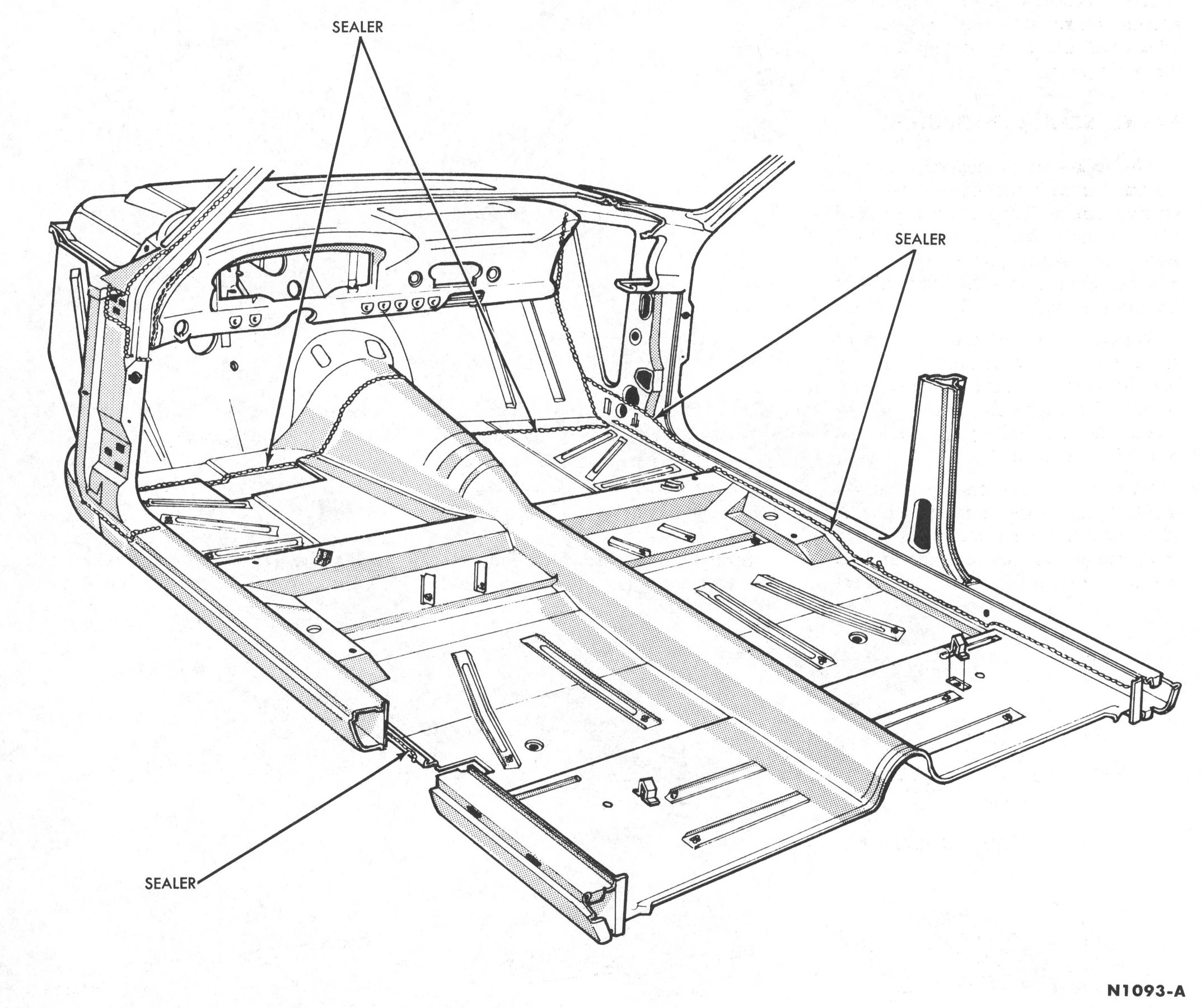 CC Tech: How the Mustang, Cougar, And Maverick Differed From The Original Ford Falcon Platform 9 Shop manual illustration showing the early Ford Falcon dashboard, floorpan, and driveshaft tunnel