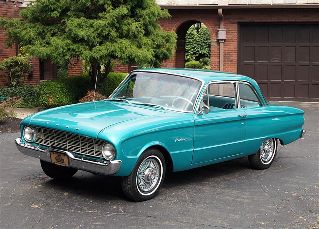 Left front 3q view of a turquoise 1960 Ford Falcon two-door sedan