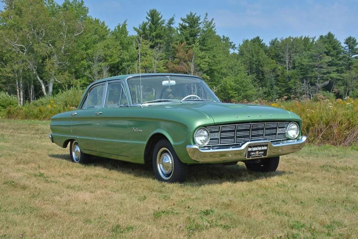 How Aerodynamic Were Old Cars? Here's Actual Wind Tunnel Data On Some 1960 Models. 15 Right front 3q view of a Meadowvale Green 1960 Ford Falcon four-door sedan parked on a grassy field