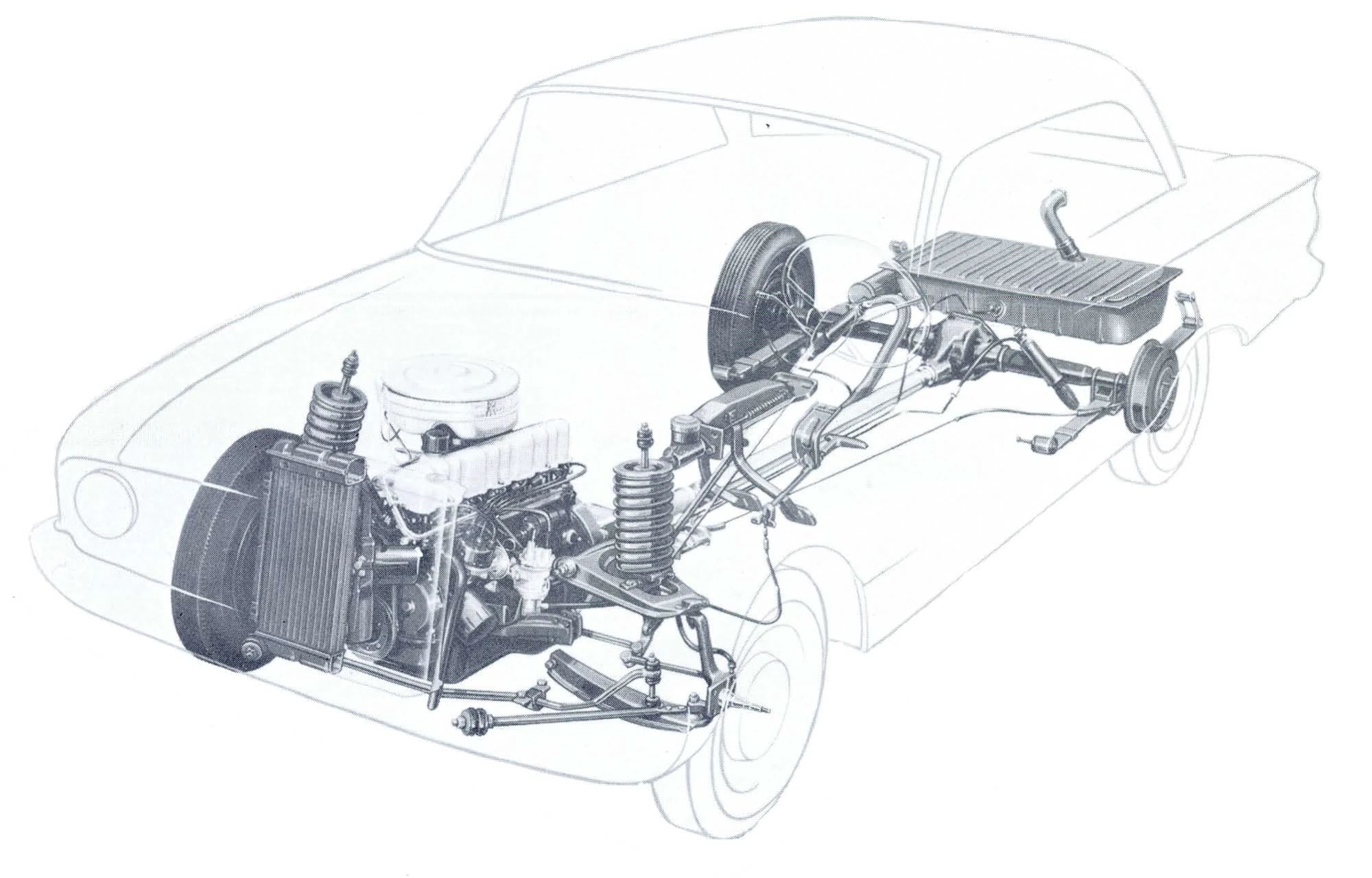 CC Tech: Inside The 1962 Chevy II/Nova: More Like A Ford Falcon Than A Camaro 4 B&W image showing a ghosted view of the 1960 Ford Falcon with its engine, suspension, and fuel tank shown in darker shades