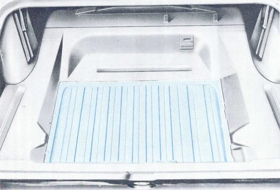 CC Tech: Ford Falcon, Comet, and Fairlane – How These Unit-Body Fords Were Alike (And Different) 13 Illustration of the gas tank of a 1960 Ford Falcon, seen from above through the trunk opening, with the top of the tank shaded in blue