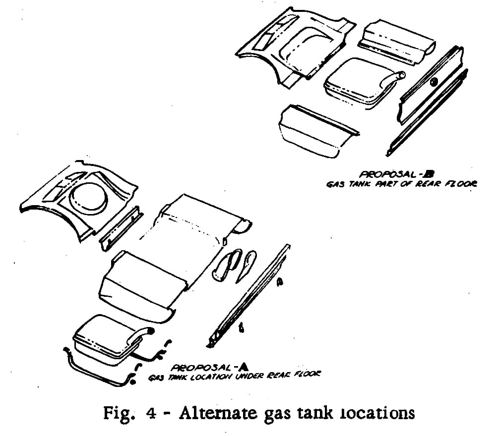 Illustration of two proposals for 1960 Ford Falcon gas tank locations