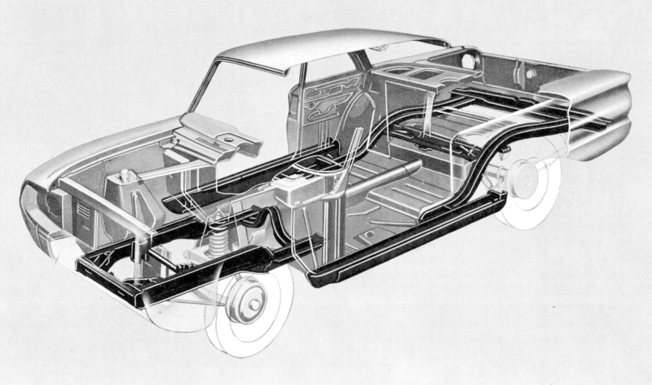 CC Tech: How the Mustang, Cougar, And Maverick Differed From The Original Ford Falcon Platform 4 B&W ghost illustration of the structure of the 1960 Ford Falcon, with the underbody rails darker than the body