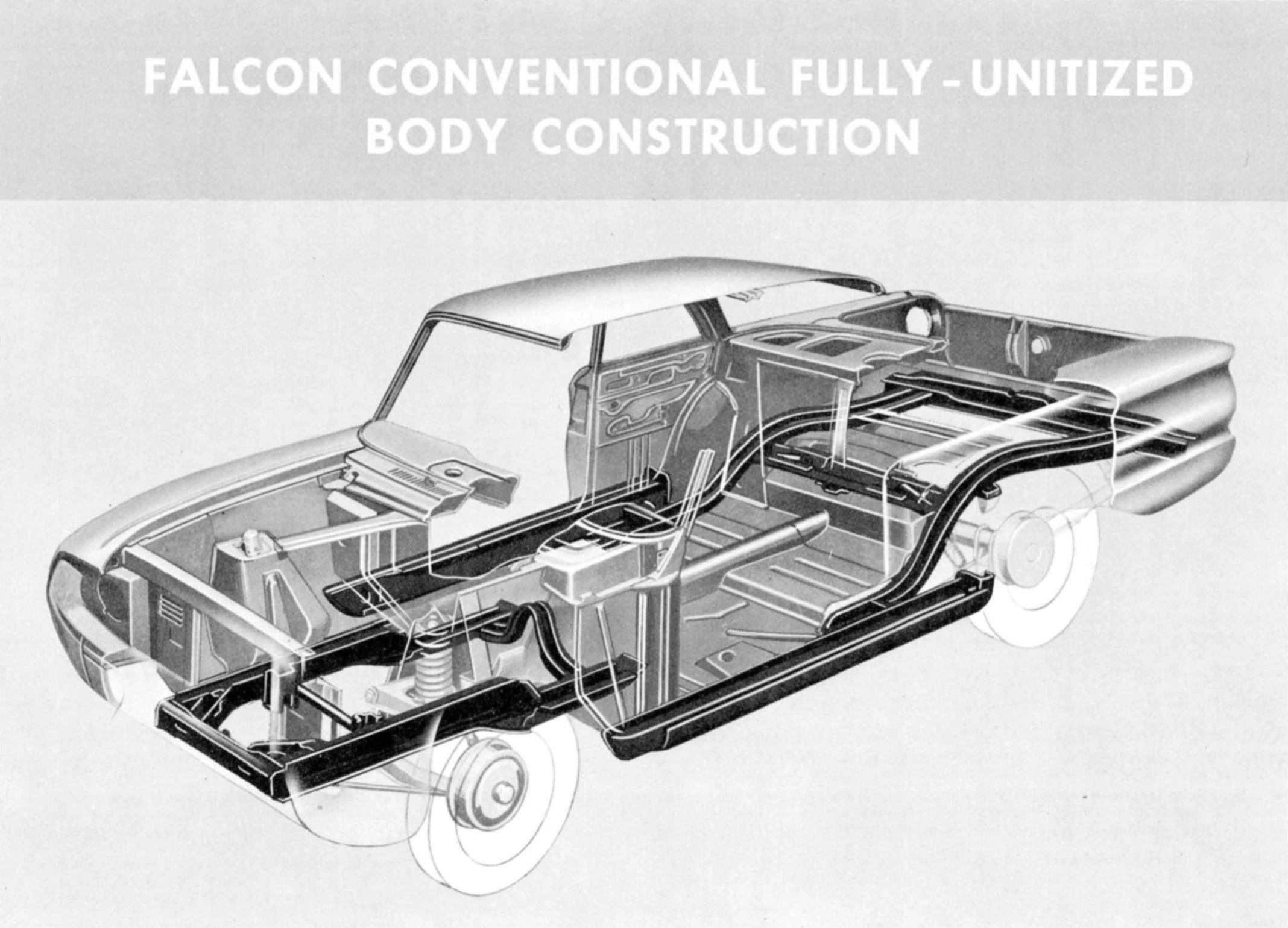 CC Tech: Ford Falcon, Comet, and Fairlane – How These Unit-Body Fords Were Alike (And Different) 2 Cutaway illustration of the structure of an early Ford Falcon, labeled "Falcon Conventional Fully-Unitized Body Construction"