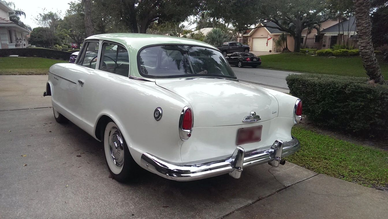 How Aerodynamic Were Old Cars? Here's Actual Wind Tunnel Data On Some 1960 Models. 20 Left rear 3q view of a Frost White 1960 Rambler American two-door sedan with a Chatsworth Green roof