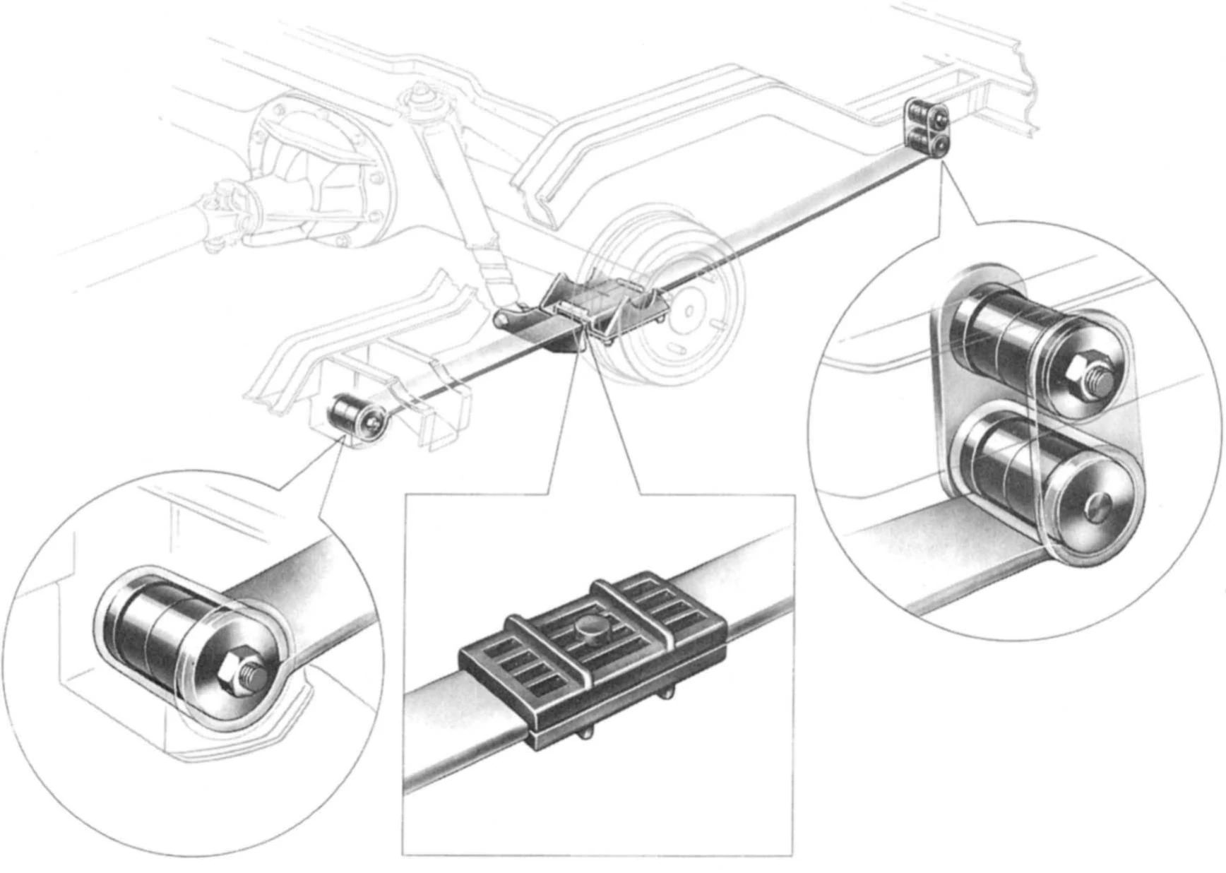 CC Tech: Inside The 1962 Chevy II/Nova: More Like A Ford Falcon Than A Camaro 21 B&W illustration of the rear suspension of a 1962 Chevy II with callouts showing the rubber spring attachments and the axle mount