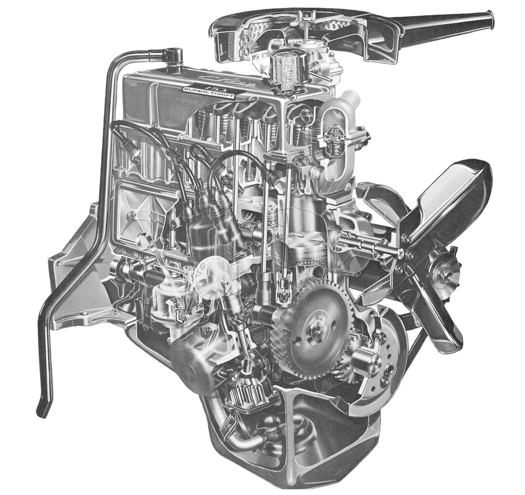 CC Tech: Inside The 1962 Chevy II/Nova: More Like A Ford Falcon Than A Camaro 17 B&W cutaway illustration of a 1962 Chevrolet Super-Thrift 153 four-cylinder engine