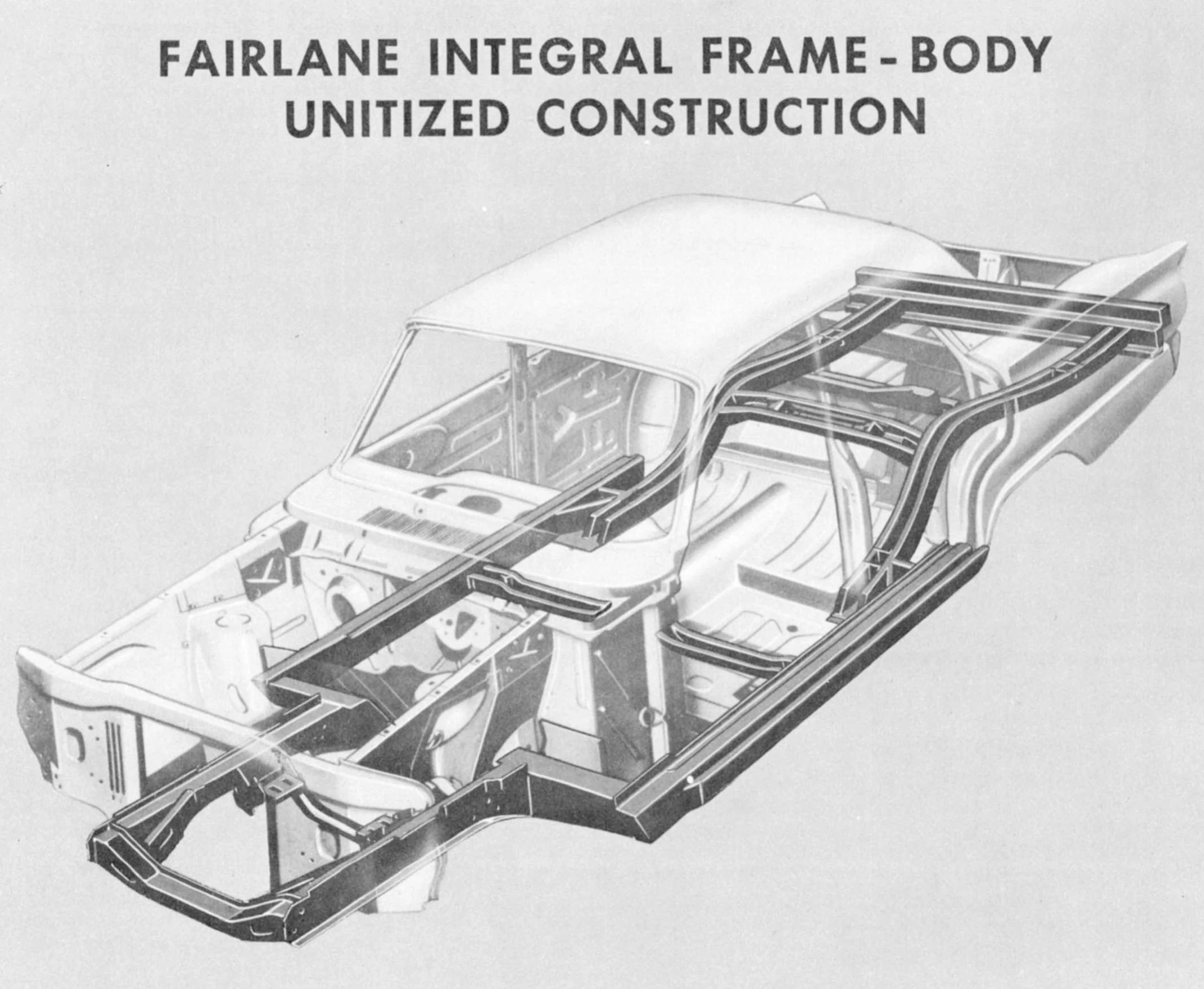 CC Tech: Ford Falcon, Comet, and Fairlane – How These Unit-Body Fords Were Alike (And Different) 25 B&W ghost cutaway illustration labeled "Fairlane Integral Frame-Body Unitized Construction"