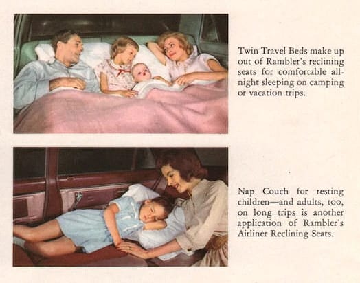 Brochure image for the Rambler Classic Twin Travel Beds, showing a couple with a little girl and a woman laying her child down for a nap on the Airline Reclining Seats