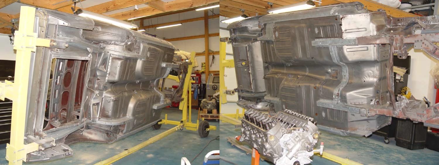CC Tech: How the Mustang, Cougar, And Maverick Differed From The Original Ford Falcon Platform 7 Composite of two photos showing the underbody of a 1965 Ford Mustang platform chassis, sprayed in silver primer