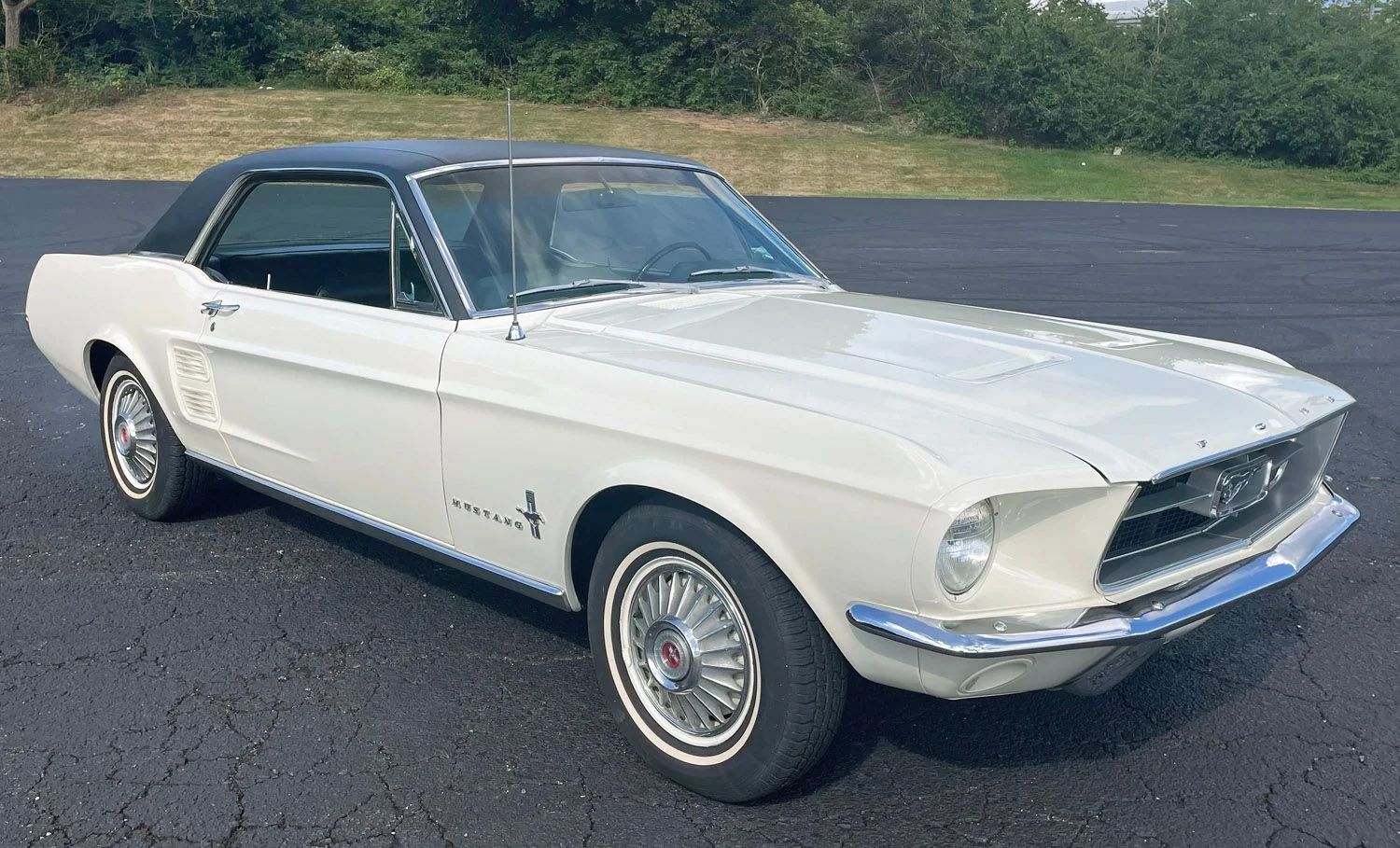 Right front 3q view of a white 1967 Ford Mustang hardtop