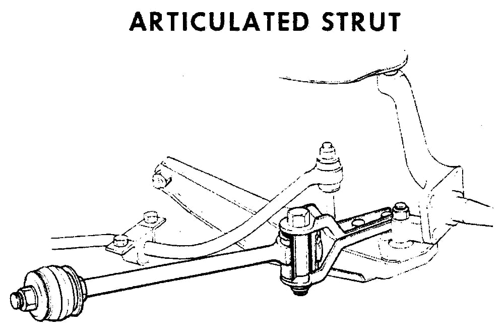 CC Tech: How the Mustang, Cougar, And Maverick Differed From The Original Ford Falcon Platform 27 B&W illustration of the articulated drag strut of a 1967 Mercury Cougar