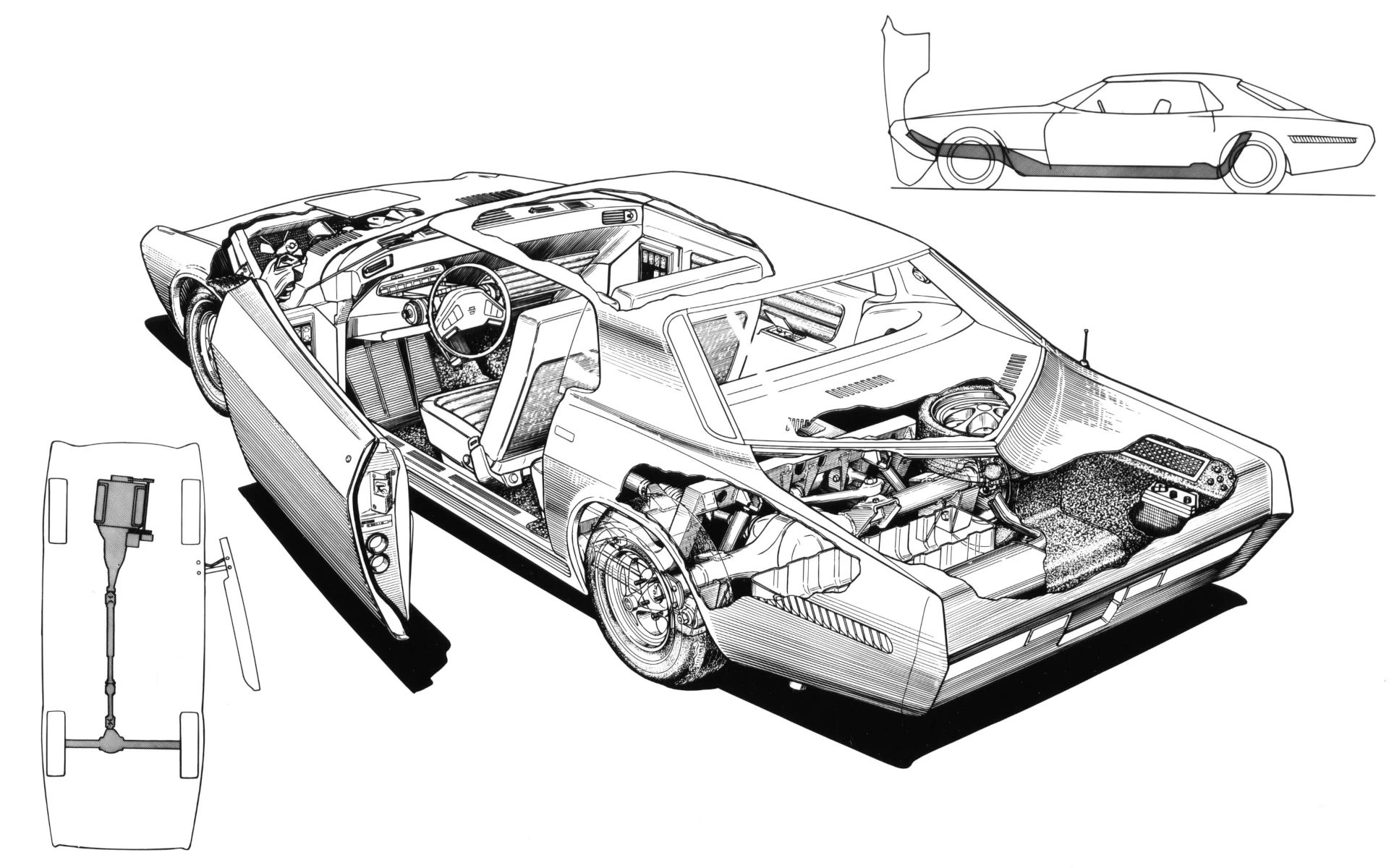 1968 Ford Techna Concept Car: Retro-Future Anachronism With A Weird Offset Driveshaft And Power Doors 2 Three cutaway views of the 1968 Ford Techna concept car, showing its double-axis-hinged doors, canted driveshaft, and partial perimeter frame