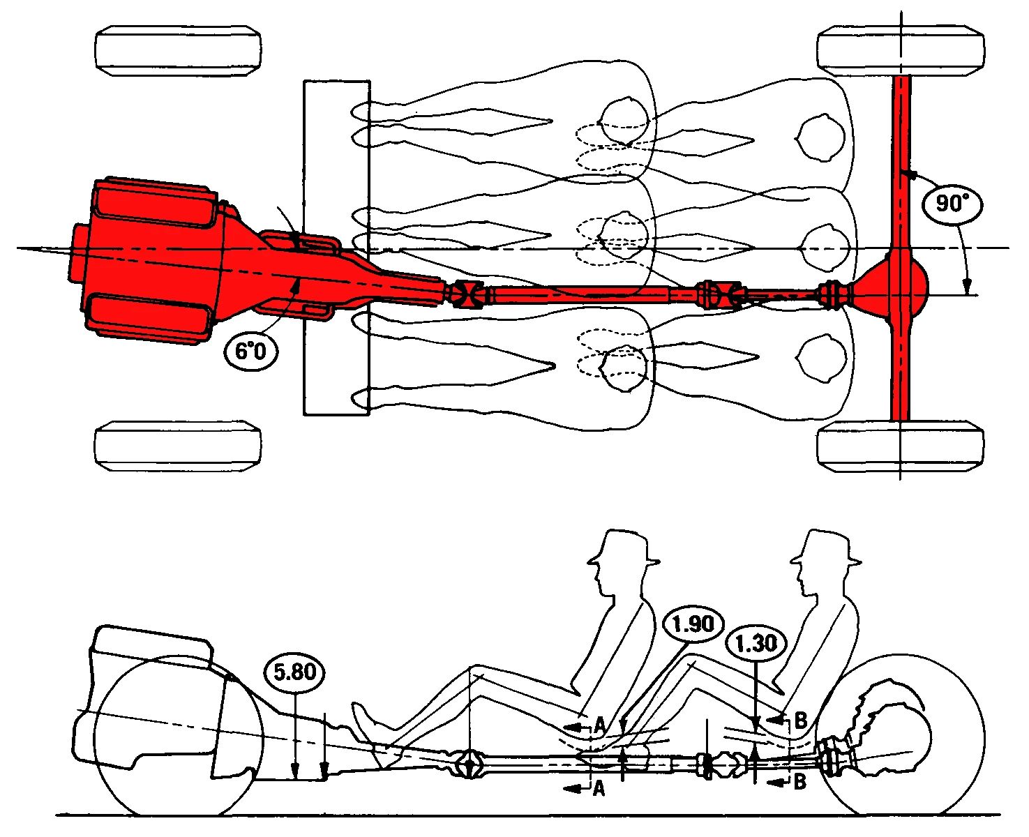 1968 Ford Techna Concept Car: Retro-Future Anachronism With A Weird Offset Driveshaft And Power Doors 6 Diagram showing the Techna powertrain (highlighted in red) in plan view and from the side, with ghost figures indicating the passengers
