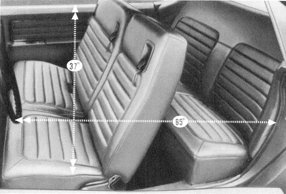 1968 Ford Techna Concept Car: Retro-Future Anachronism With A Weird Offset Driveshaft And Power Doors 9 B&W photo of the seats of the 1968 Ford Techna, with overlaid arrows indicating a passenger compartment height of 37 inches and a length of 65 inches