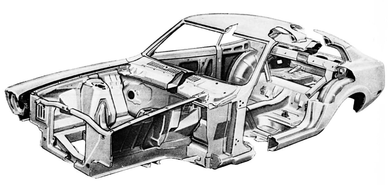 CC Tech: How the Mustang, Cougar, And Maverick Differed From The Original Ford Falcon Platform 31 B&W cutaway illustration of the body structure of a 1970 Ford Maverick
