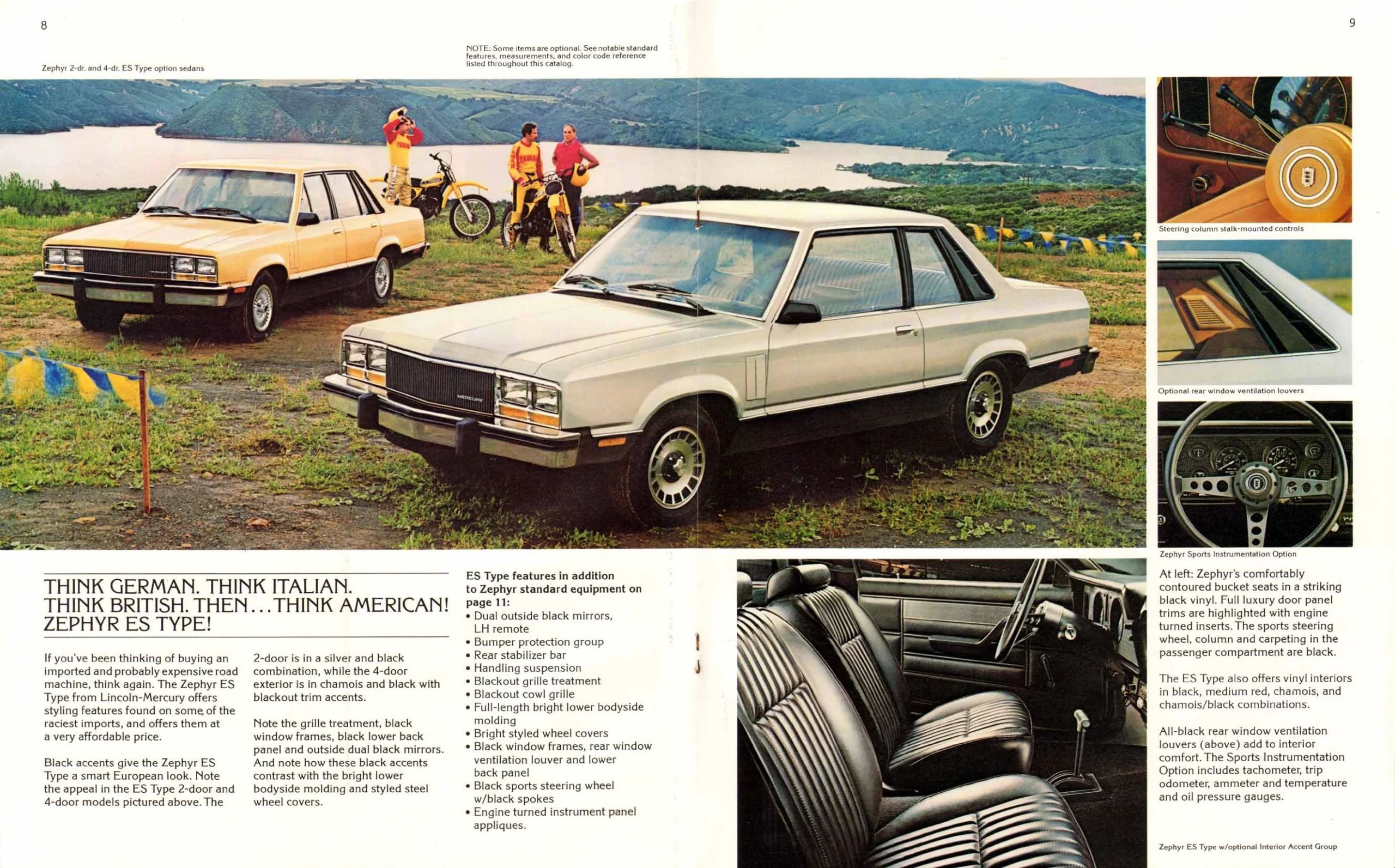 1979 Mercury Zephyr brochure page for the ES package, with the headline, "Think German, Think Italian. Think British, Then...Think American! Zephyr ES Type!"