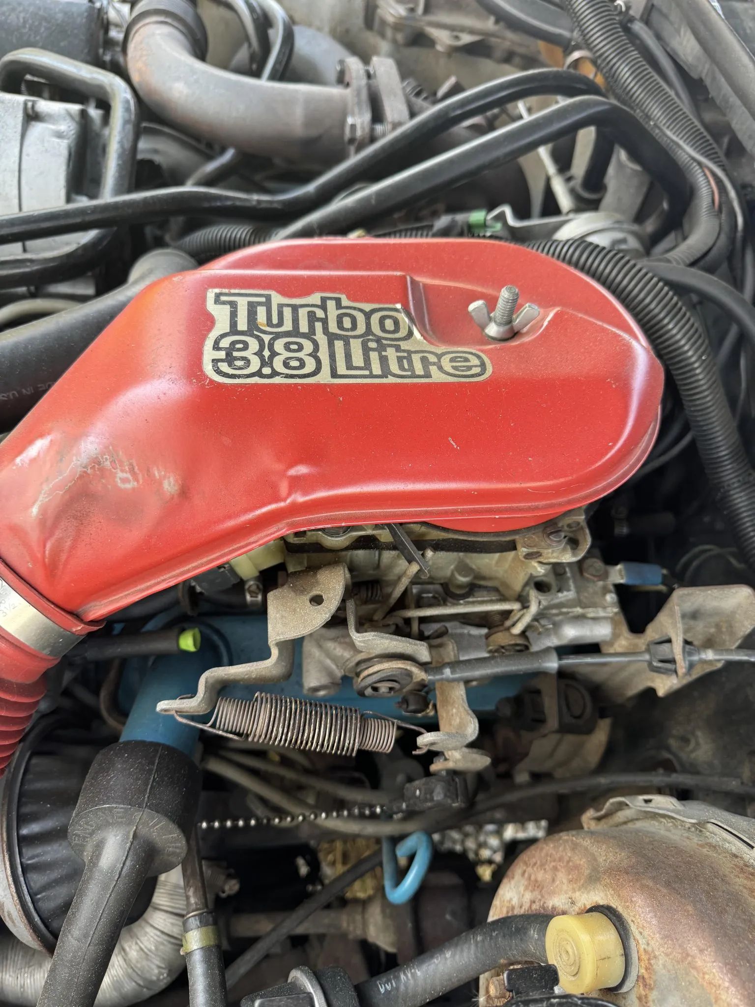 Rare Survivor: 1981 Chevrolet Monte Carlo Turbo V6 – Forgotten Chevy Still In Great Shape 6 Close-up of the red air cleaner hose of a Buick 3.8L turbo engine with the "Turbo 3.8 Litre" decal