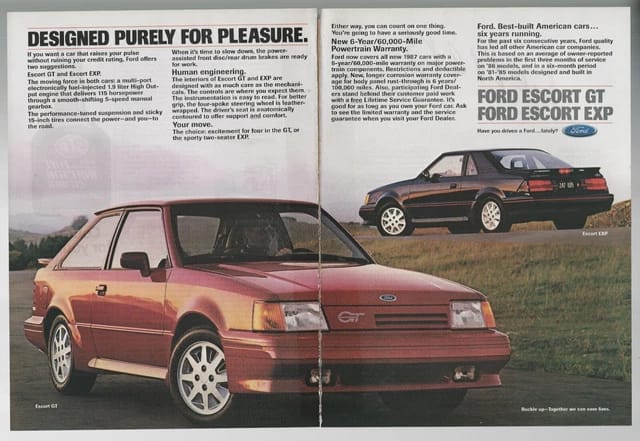 Curbside Musings: 1987 Ford Escort GT – Proper Form 5 1987 Ford Escort GT and EXP print ad, as sourced from the internet.
