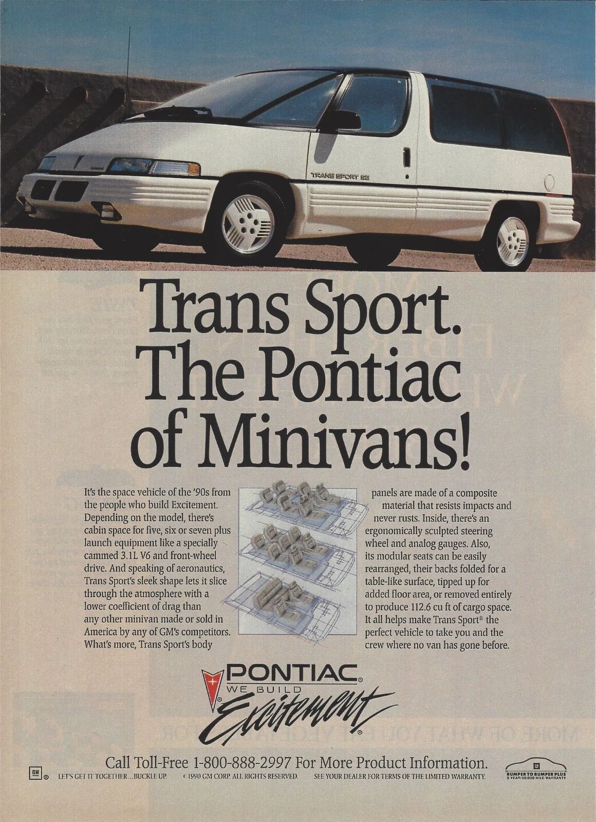 Magazine ad for the Pontiac Trans Sport, showing a white van with the headline "Trans Sport. The Pontiac of Minivans!"