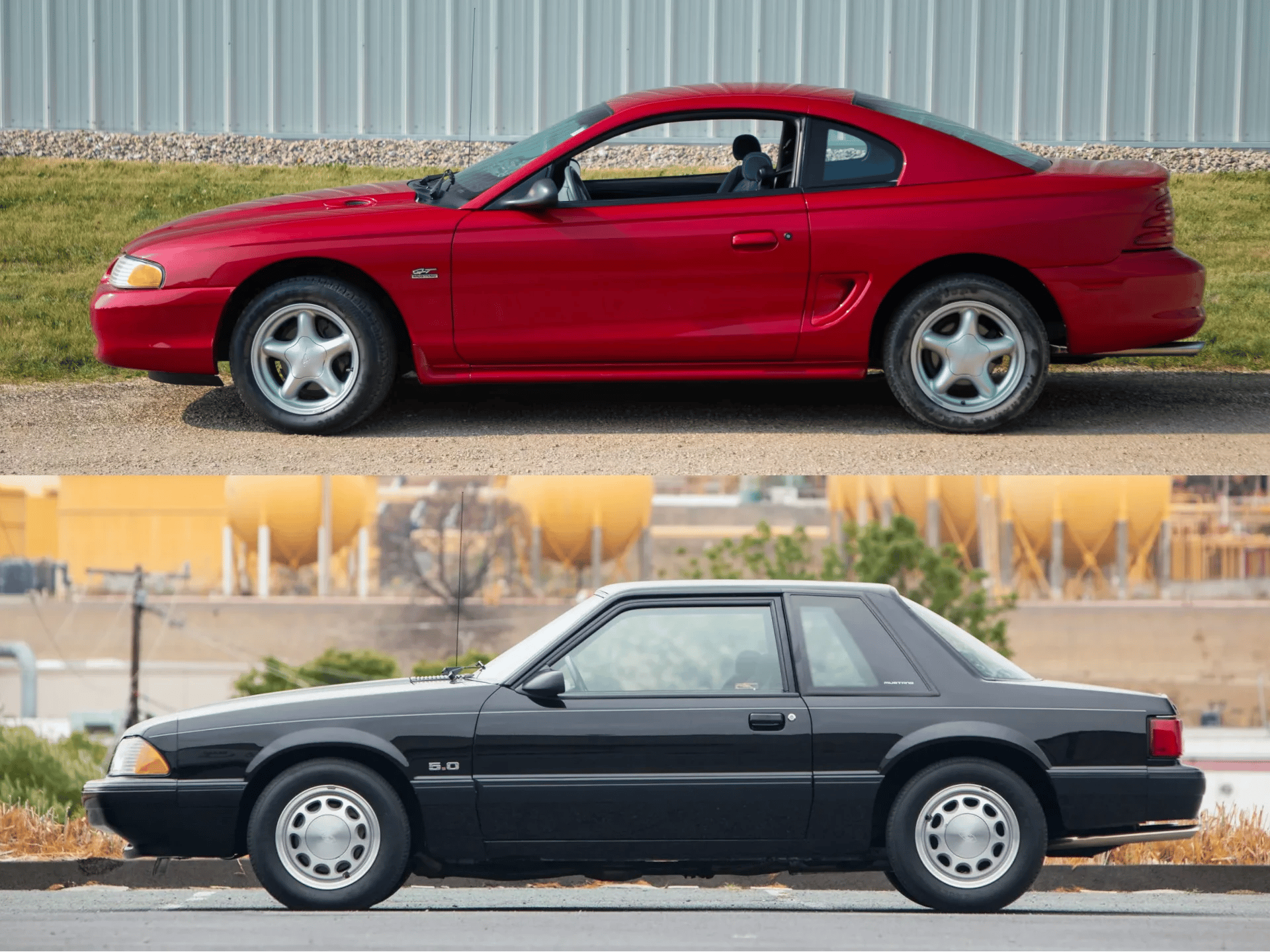 Rare 1995 Ford Mustang GTS Was A Short-Lived Reinvention Of The Old LX 5.0L 1 Composite photo showing the left sides of a Laser Red 1995 Ford Mustang GTS and a black 1990 Ford Mustang LX 5.0L notchback