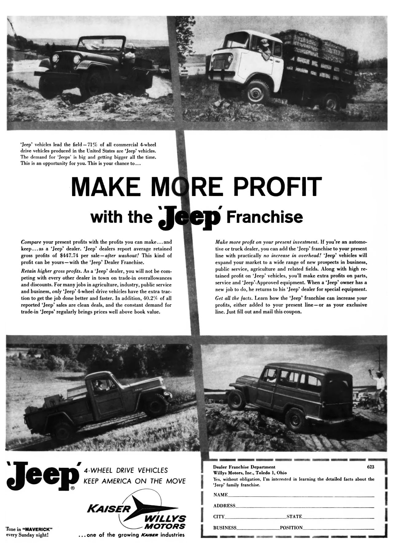 Vintage Ads: How Willys Jeep Tried To Lure Jeep Dealers In The 1950s And Early 1960s 11 Jeep ad with various images of Jeep vehicles at work and the headline "MAKE MORE PROFIT with the 'Jeep' Franchise