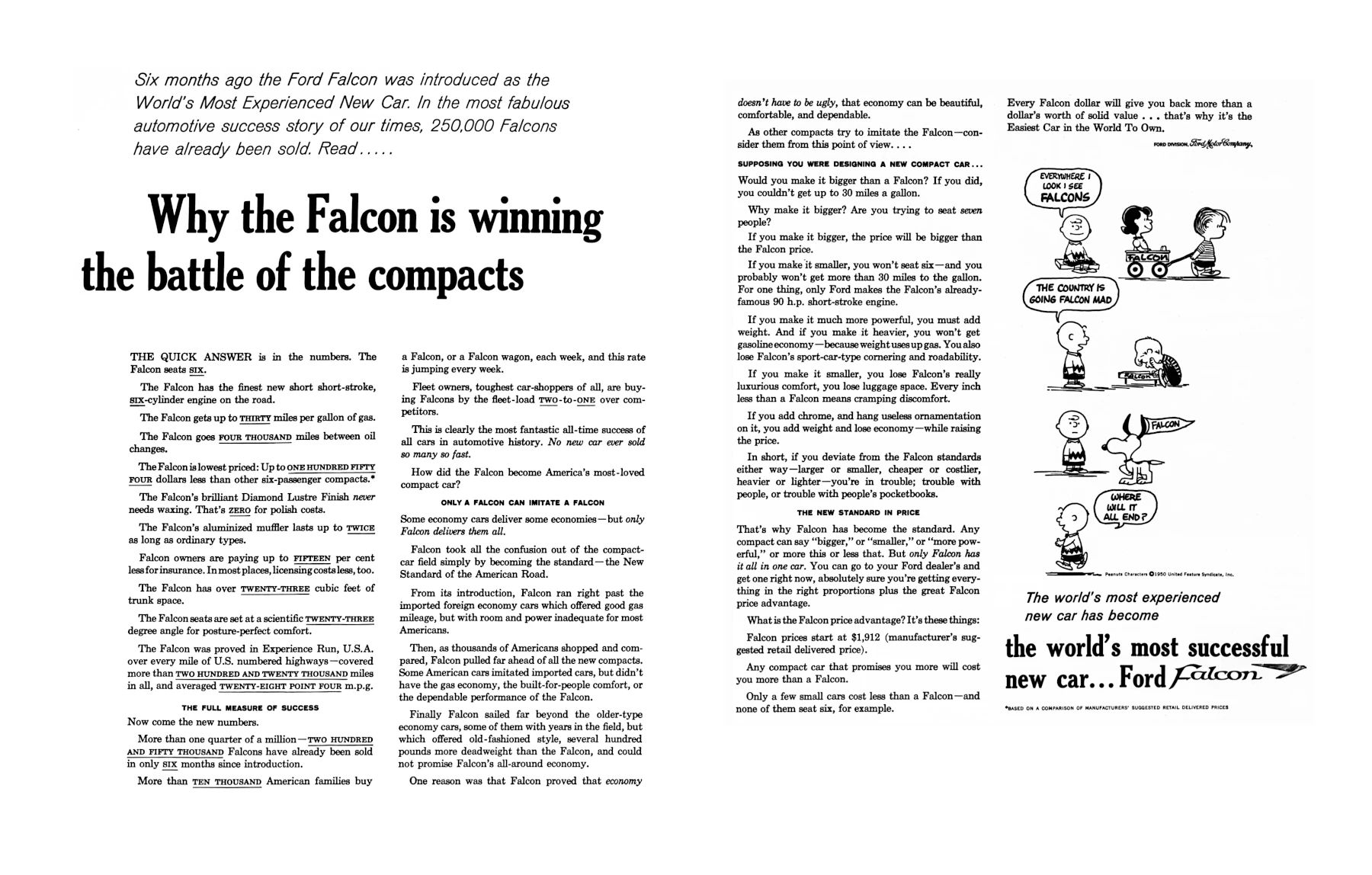 Vintage Ad: The Peanuts Gang Guest-Stars In The World's Wordiest Ford Falcon Ad 2 Two-page ad for the Ford Falcon, with the headline "Why the Falcon is winning the battle of the compacts" and an inset Peanuts cartoon