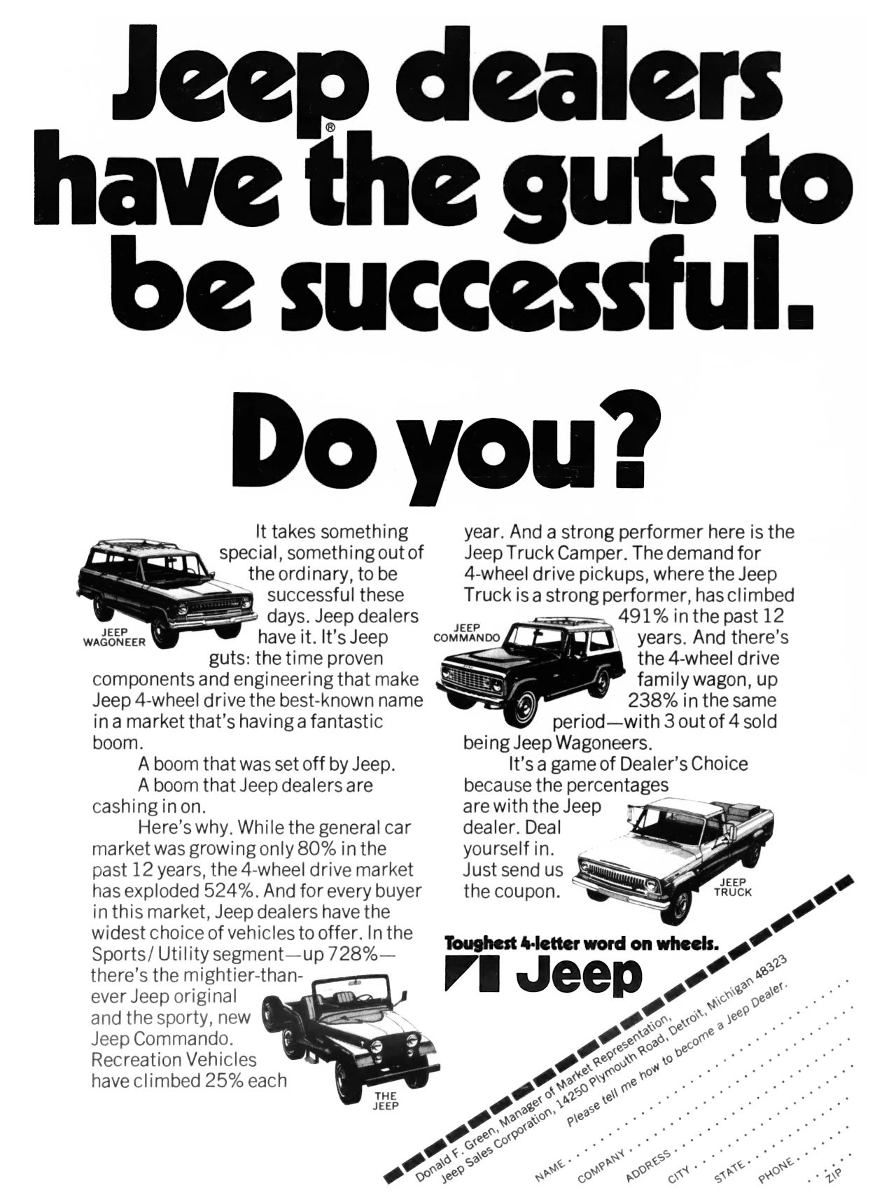 Vintage Ads: How Willys Jeep Tried To Lure Jeep Dealers In The 1950s And Early 1960s 17 Jeep ad with the headline "Jeep dealers have the guts to be successful. Do you?"