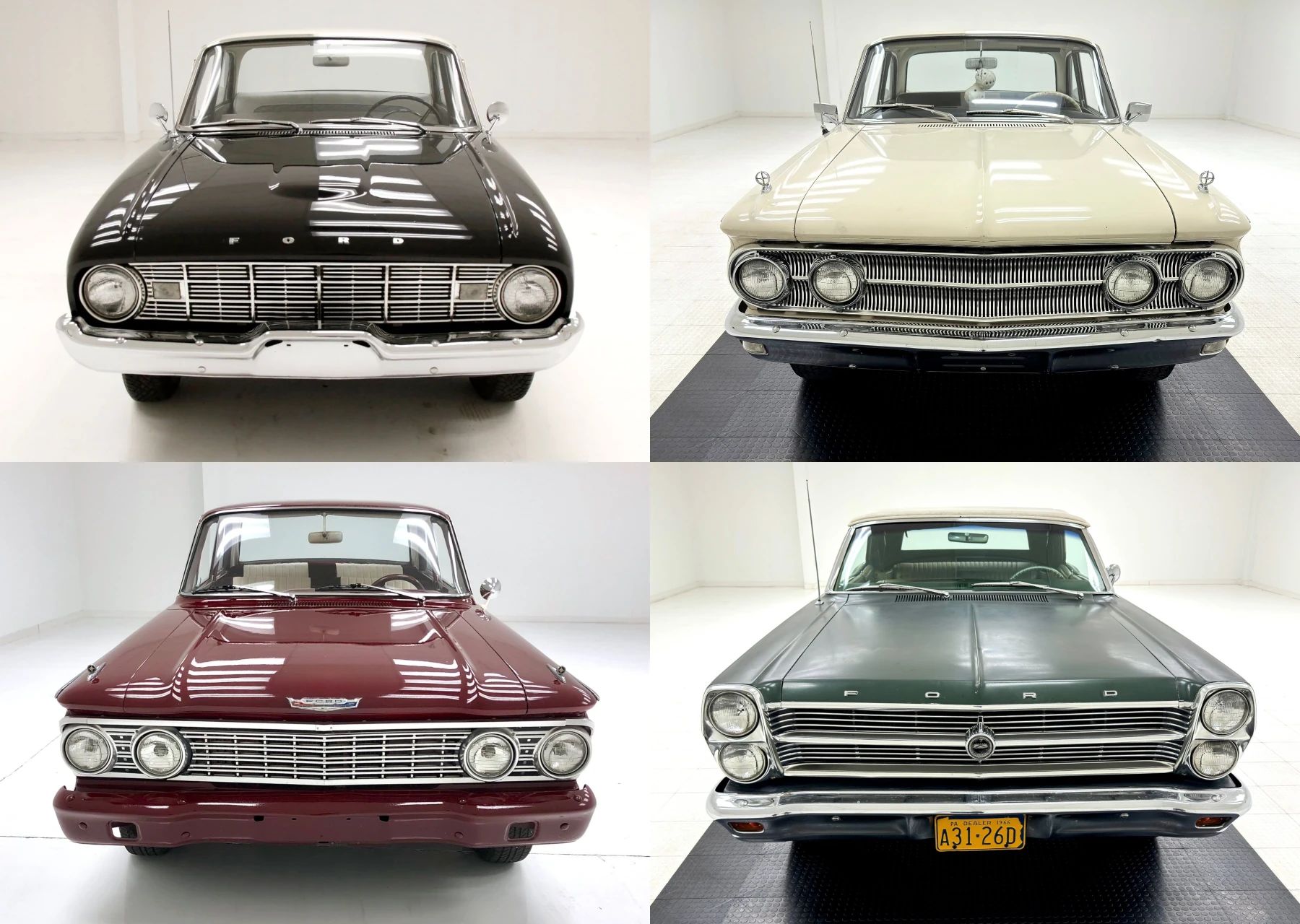 CC Tech: Ford Falcon, Comet, and Fairlane – How These Unit-Body Fords Were Alike (And Different) 1 Composite photo showing the front ends of four cars: a Raven Black 1960 Ford Falcon; a Sultana White 1960 Comet sedan; a Heritage Burgundy 1962 Ford Fairlane 500 sedan with non-stock body-color bumper; and an Ivy Green 1966 Ford Fairlane 500 convertible