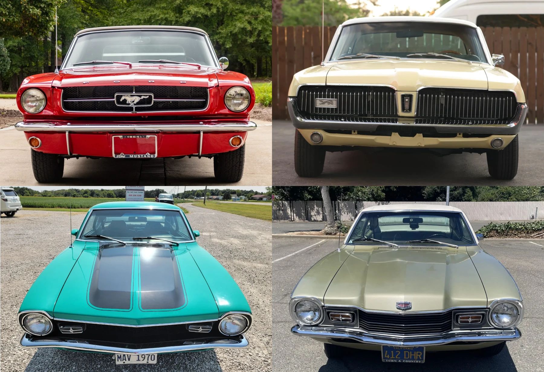 CC Tech: How the Mustang, Cougar, And Maverick Differed From The Original Ford Falcon Platform 1 Composite photo showing front ends of four cars: a Rangoon Red 1965 Ford Mustang convertible; a yellow 1967 Mercury Cougar XR-7; a Grabber Green 1970 Ford Maverick Grabber; and a Medium Gray Gold 1971 Mercury Comet