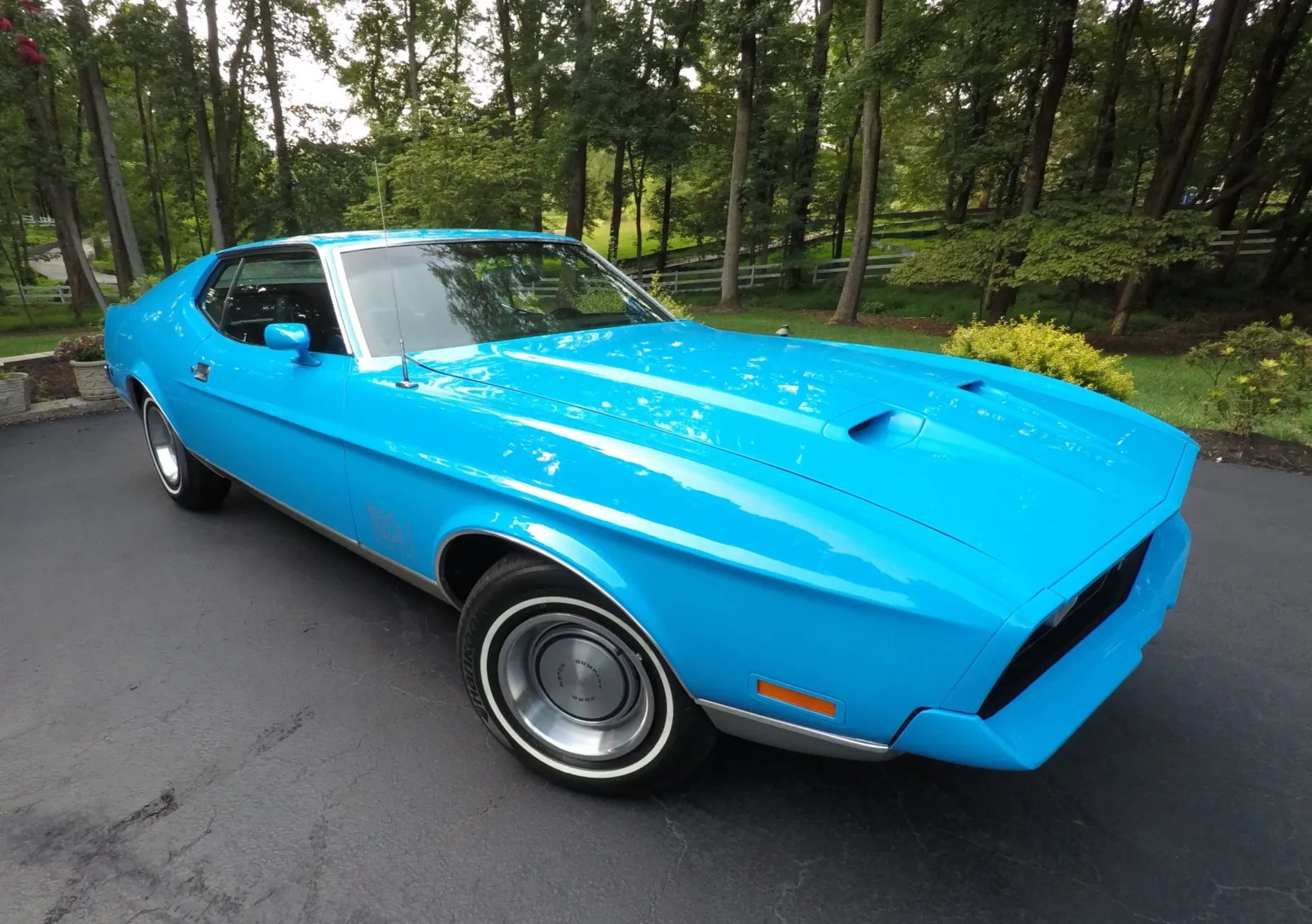 1971 Ford Mustangs: Every Color From Raven Black To Light Gold 10 Image of Grabber Blue 1971 Mustang Mach 1 in wooded setting