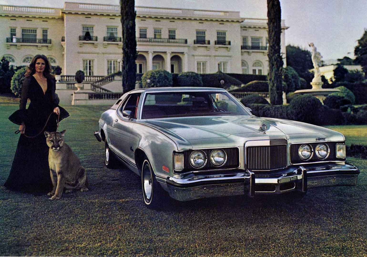 1976 Mercury Cougar XR-7 brochure image showing a silver Cougar with a woman in a gown holding a live cougar on a leash