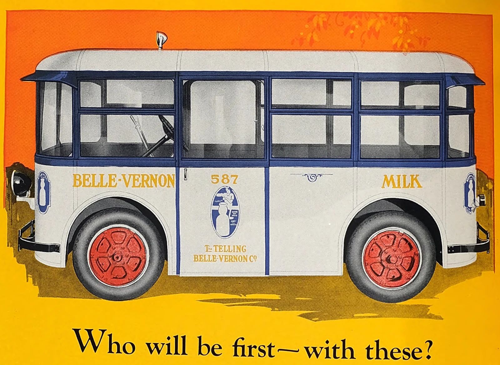 Helms Bakeries & The Twin Coach Delivery Unit: These Clever Compact Vans Used To Be "Daily At Your Door" 2 Ad illustration of a Twin Coach Delivery Unit in Belling-Vernon Milk livery, with the headline "Who will be first — with these?"