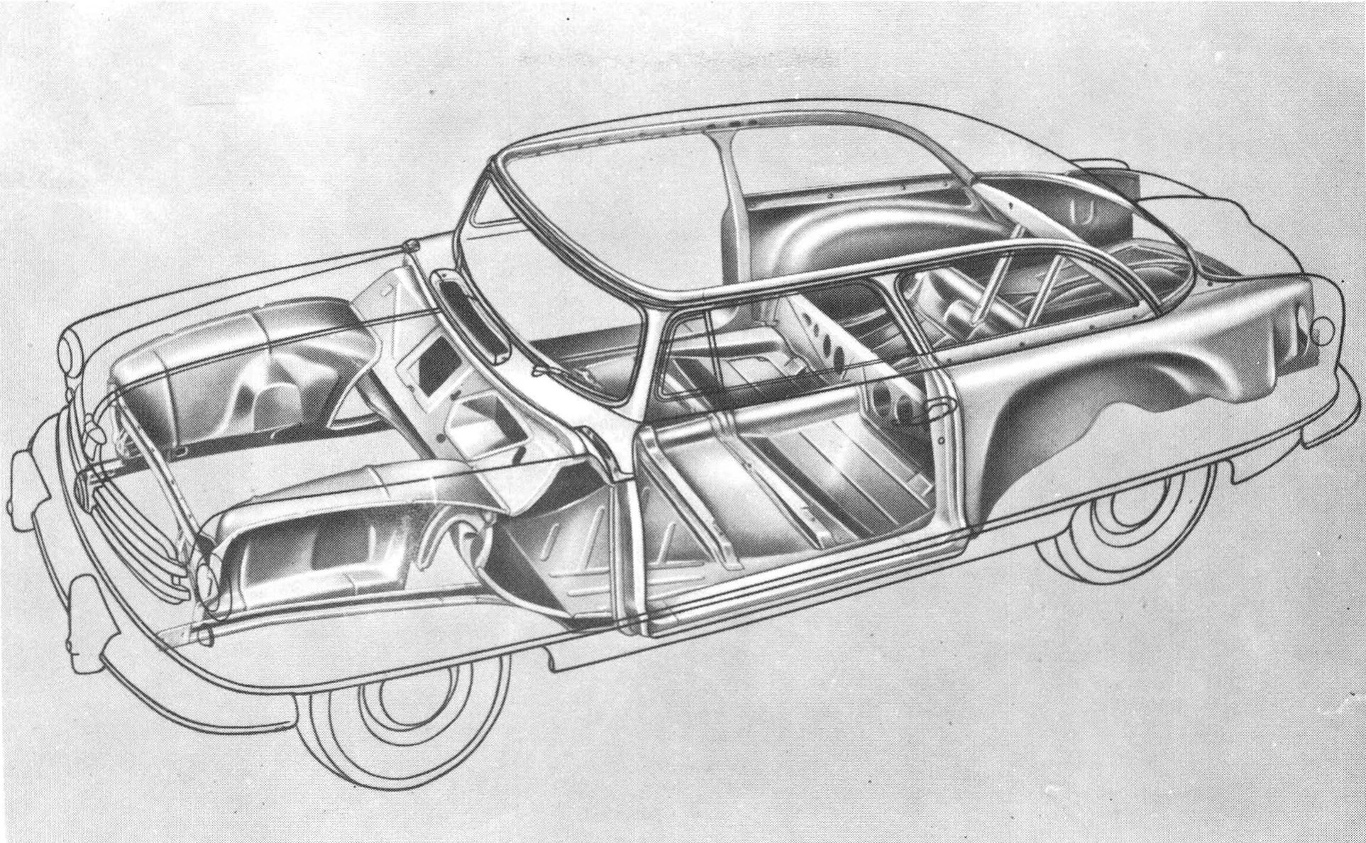 "Don't Try This With A Conventional Convertible" 2 Cutaway illustration of the unit body construction of a 1950 Nash Rambler Landau