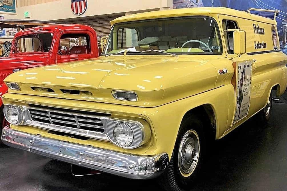 Helms Bakeries & The Twin Coach Delivery Unit: These Clever Compact Vans Used To Be "Daily At Your Door" 22 Left front 3q view of a yellow Chevrolet truck with Helms Bakeries livery in an indoor museum setting