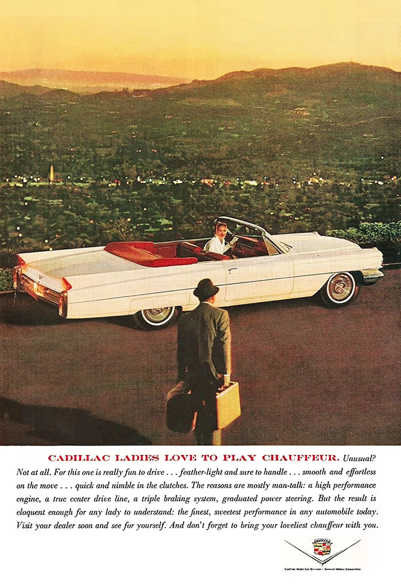 Cadillac ad showing a white 1963 Cadillac Series 62 convertible parked on a cliffside, with a well-dressed woman at the wheel and a man in a suit approaching with suitcases.