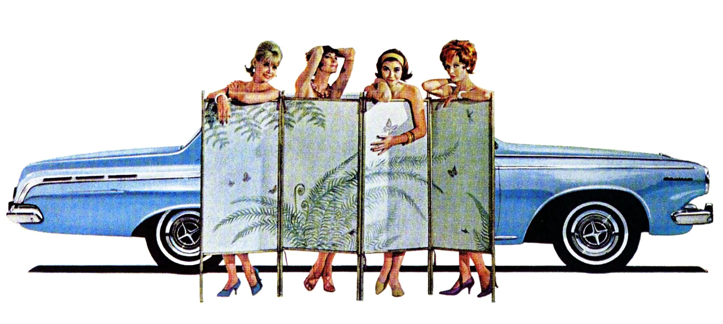 Section of a print ad showing four women standing behind a modesty screen, with a blue Dodge Polara four-door hardtop behind them