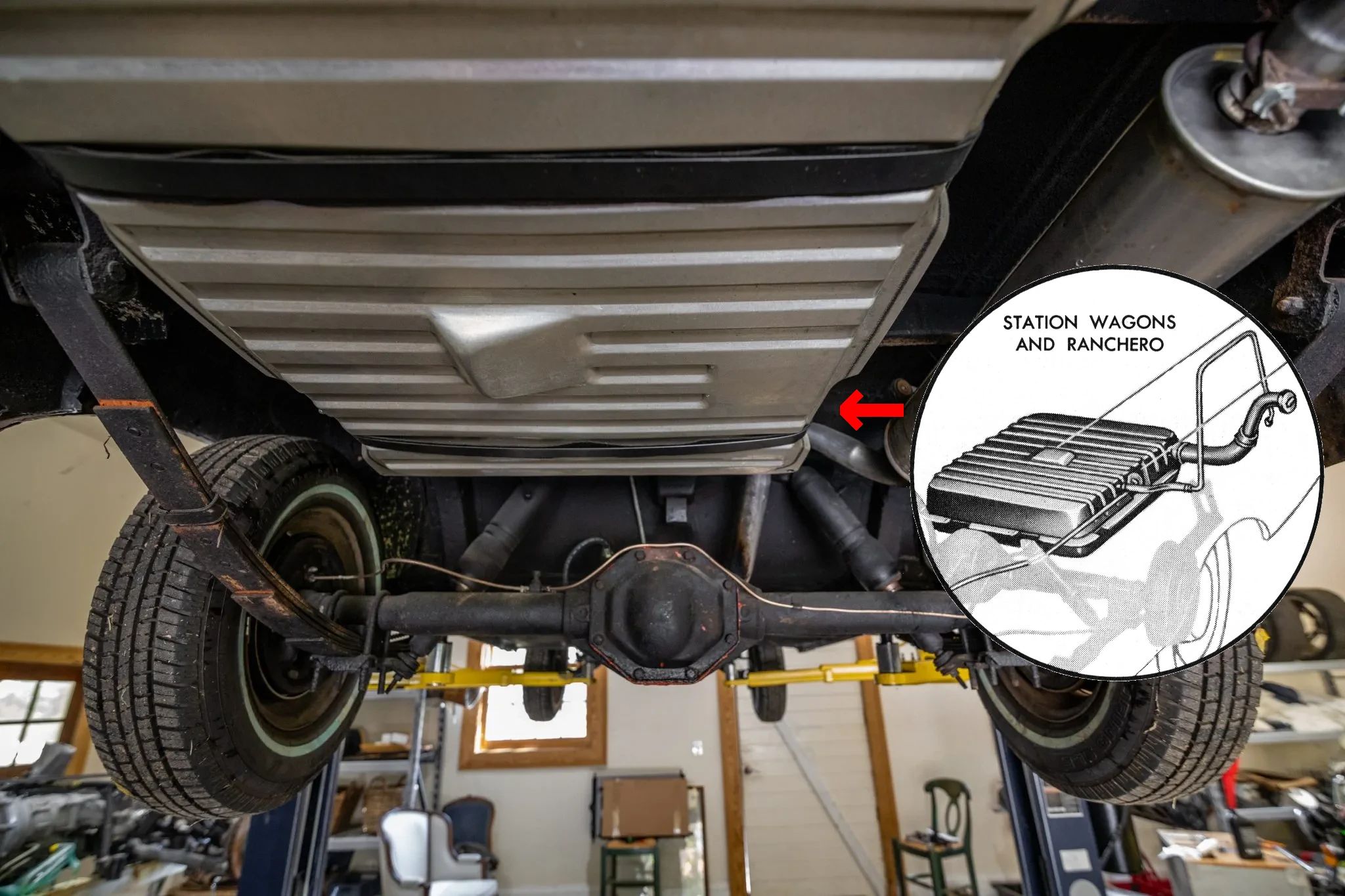 Photo of the gas tank of a 1963 Ford Falcon Wagon, with an inset shop manual illustration of the tank