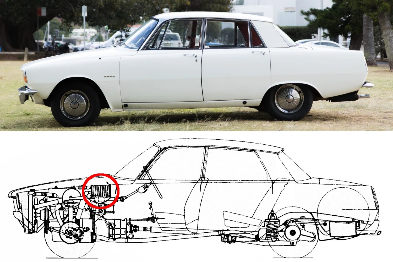Photo of a white 1963 Rover 2000 (P6) above a cutaway line drawing illustrating its engine, suspension, and brakes, with the front spring circled in red