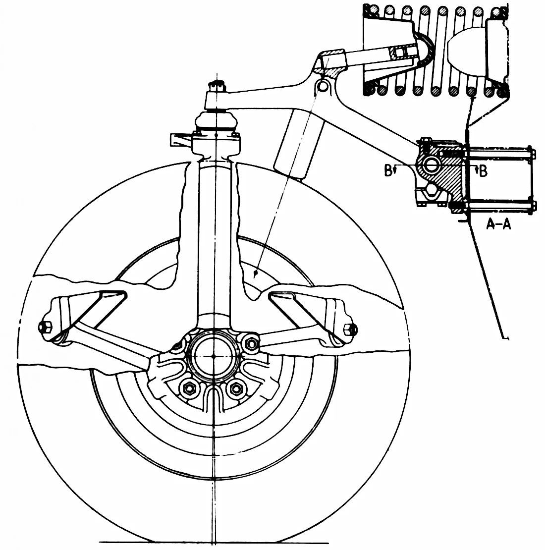 B&W illustration of the left front suspension of the 1963 Rover 2000 (P6), with the wheel cut away to show the lower control arm links)