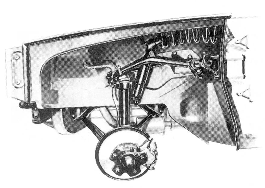 B&W illustration of the Rover 2000 (P6) front suspension as installed in a car with the front fender removed