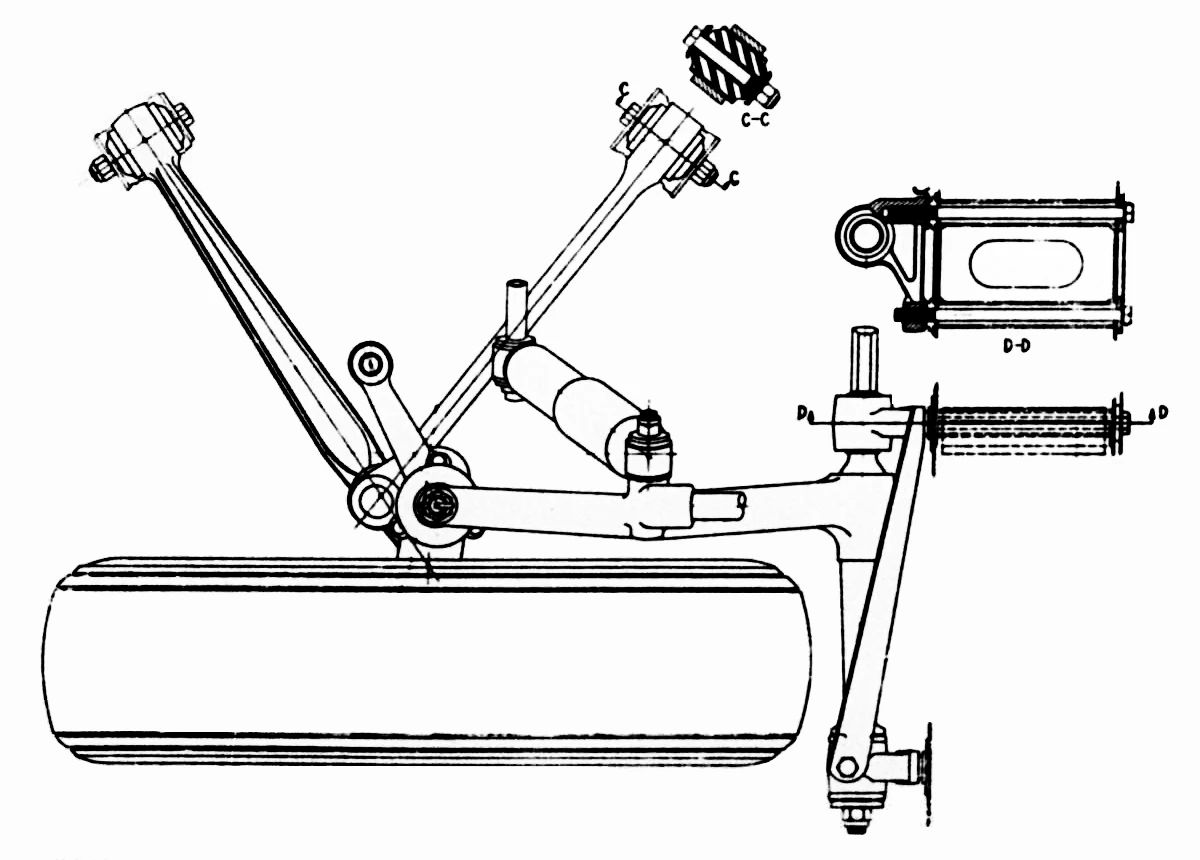 B&W illustration of the left front suspension of a 1963 Rover 2000 (P6) in plan view