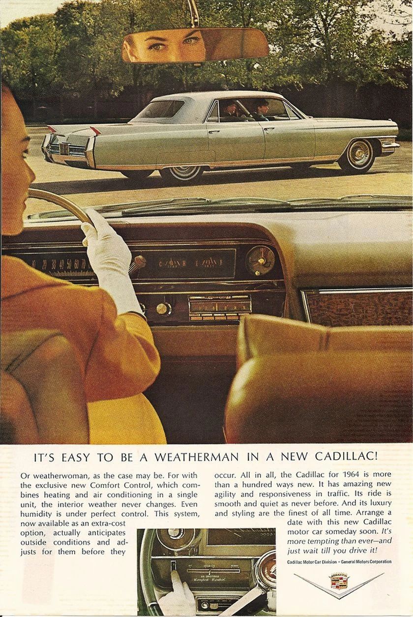 Cadillac ad showing an elegantly dressed woman with white gloves at the wheel of a 1964 Cadillac with another 1964 Cadillac four-door hardtop visible through the windshield ahead