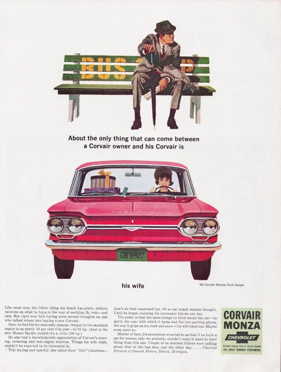 Corvair ad showing a man in a suit waiting at a bus stop and a woman behind the wheel of a red 1964 Corvair Monza club coupe, with the headline, "About the only thing that can come between a Corvair owner and his Corvair is his wife"
