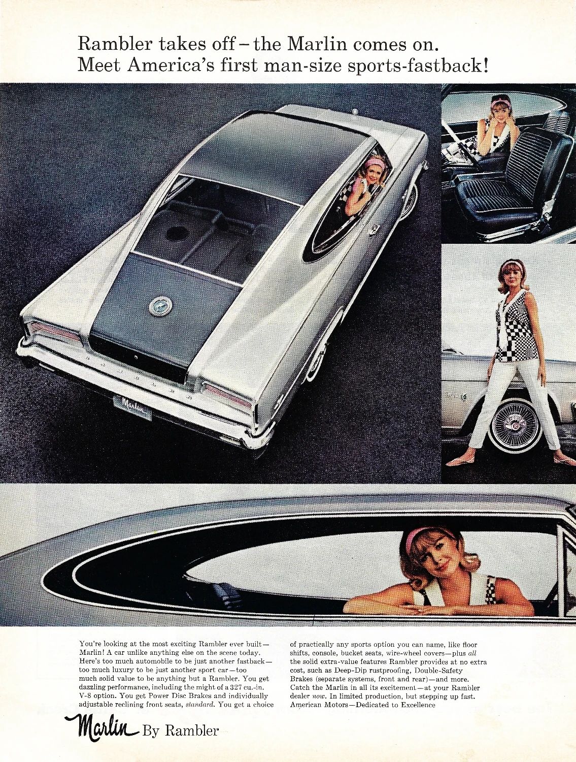 Rambler ad for the 1965 Marlin, showing several angles on a silver and black Marlin fastback with a female model in a black-and-white Op Art pattern blouse, with the headline, "Rambler takes off — the Marlin comes on. Meet America's first man-size sports-fastback! Marlin By Rambler"