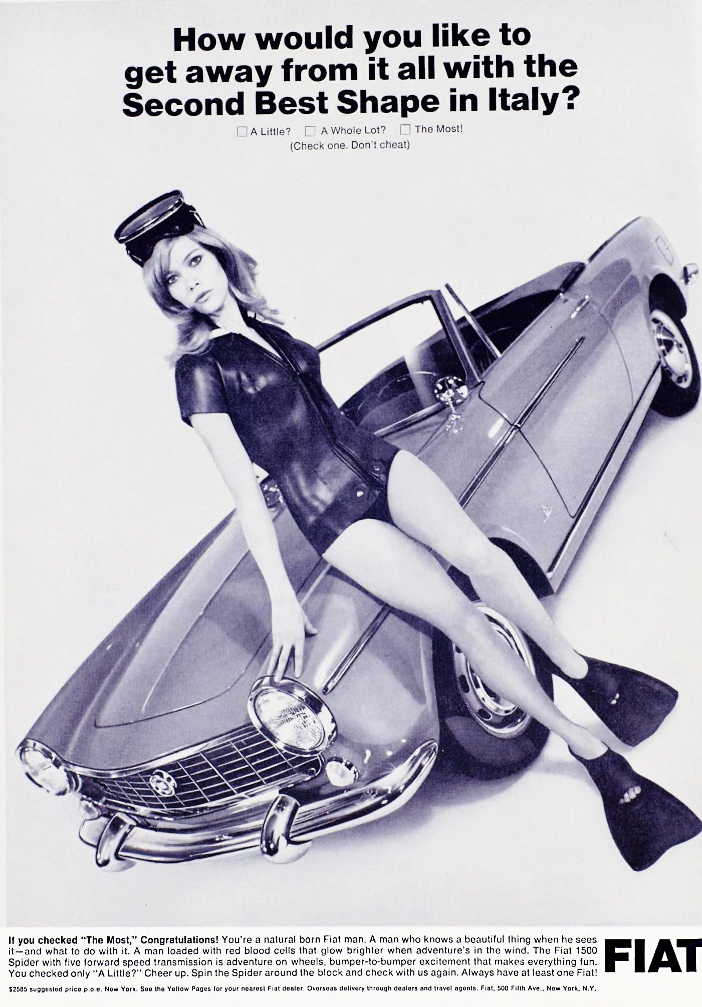 Fiat ad showing a Fiat 1500 Spider and a female model in a short-sleeved wetsuit, with a scuba mask on her head and flippers on her feet. The headline reads, "How would you like to get away from it all with the Second Best Shape in Italy?"