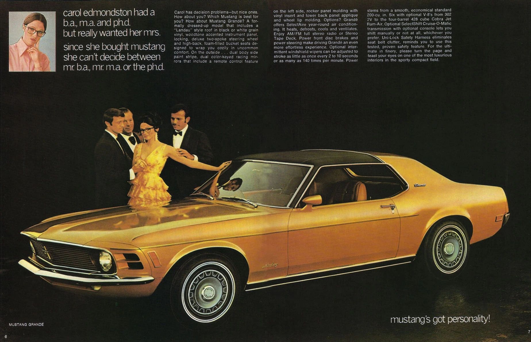 Brochure page showing a gold Mustang Grandé hardtop with a woman in a yellow dress surrounded by three men in tuxedos