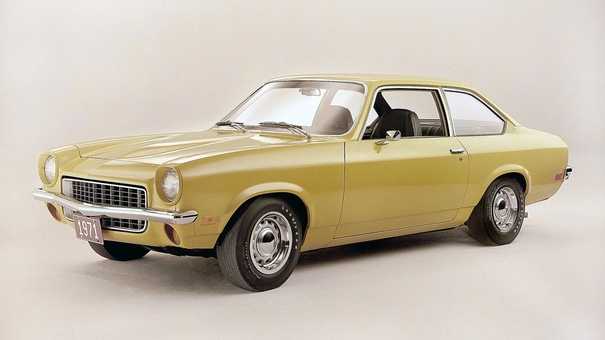 Press photo of a Sunflower Yellow 1971 Chevrolet Vega two-door sedan