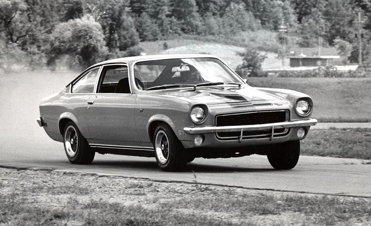 B&W photo of a 1971 Chevrolet Vega on a test track